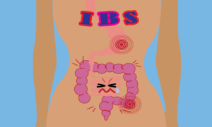 Torso showing face in pain from IBS